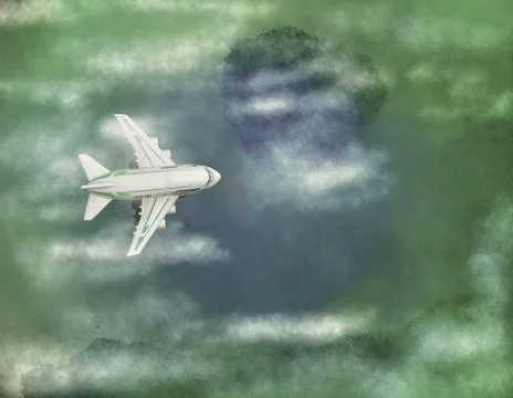 Airplane flying over green cloudscape viewed from above Stock Photos