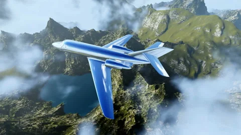 Airplane is flying over low clouds and green mountains Stock Footage 172292220