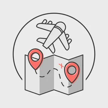 Airplane flying over a map with location pins Stock Illustration