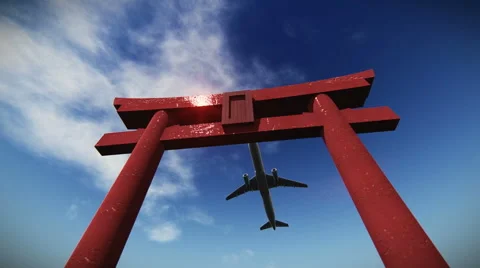 Airplane flying over a torii Stock Footage 41056833