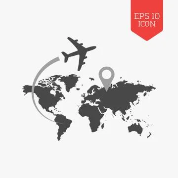 Airplane flying over world map, travel with destination concept. Flat design  Stock Illustration