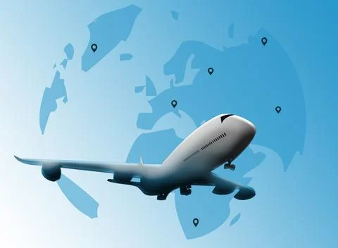Airplane flying over world map with location pins Ilustração Stock