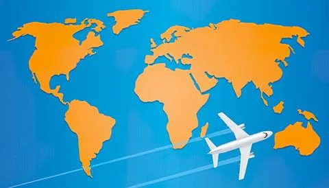Airplane flying over world map with continents background Stock-Illustration