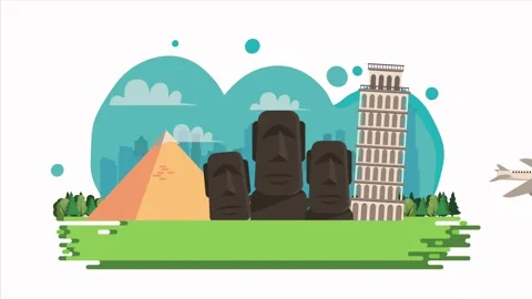 Airplane flying past ancient landmarks depicting global travel and tourism .. Stock-Footage 338312256