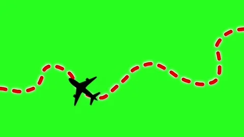 Airplane Flying with Red Dashed Route Line Isolated on Green Screen Stock Footage 340635280