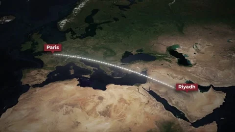 Airplane Flying from Riyadh to Paris Route on Satellite Earth Map Stock Footage 339363247