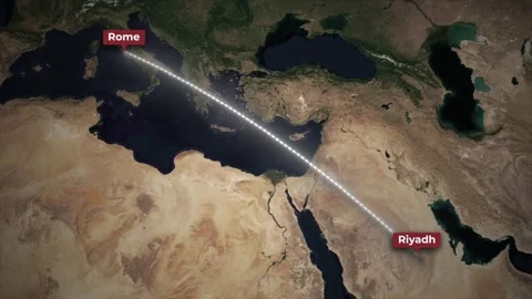Airplane flying from Riyadh to Rome Flight Path Map Animation Stock Footage 339789503
