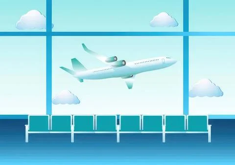 Airplane flying in the sky with clouds behind a large window Stock Illustration