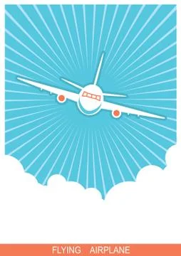 Airplane flying in sky. Vector blue poster background Stock Illustration