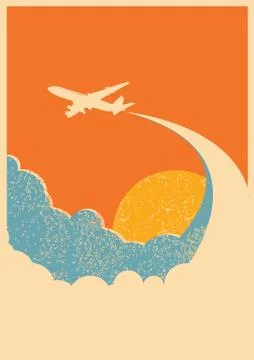 Airplane flying in sky. Vector retro poster background with airplane Stock Illustration