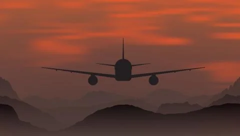 An airplane flying at sunset in mountains. Stock-Illustration