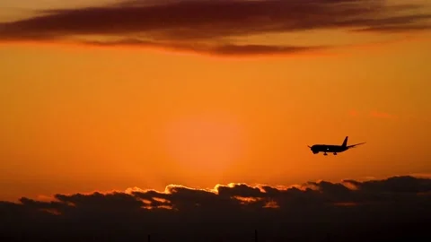 Airplane flying in the sunset sky Видео 143899019