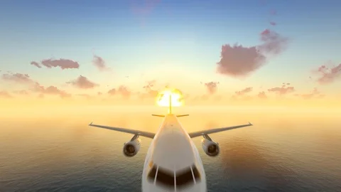 Airplane Flying Through Camera At Sunset, 4K Animation, 3D Rendering Stock Footage 122247186