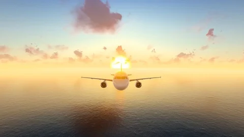 Airplane Flying Through Camera At Sunset, 4K Animation, 3D Rendering Stock Footage 122247294