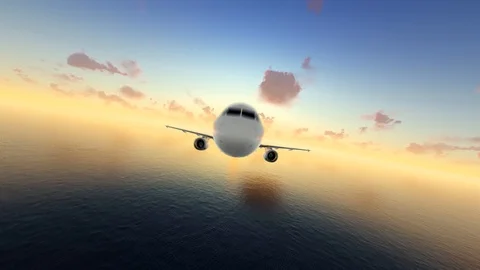 Airplane Flying Through Camera At Sunset, 4K Animation, 3D Rendering Stock Footage 122247336