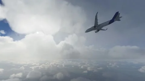 Airplane flying through clouds over terrain with the sun shining in the sky Stock Footage 159978231