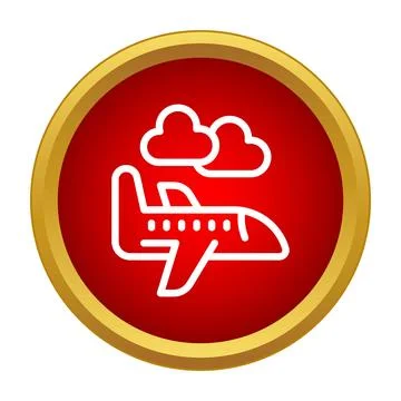 Airplane flying through clouds in red icon Stock Illustration