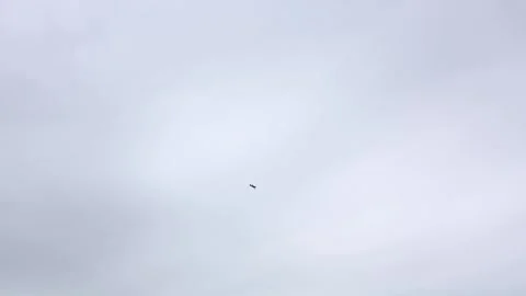 Airplane flying through cloudy sky in distant frame evoking calm motion solitude Stock Footage 311150295