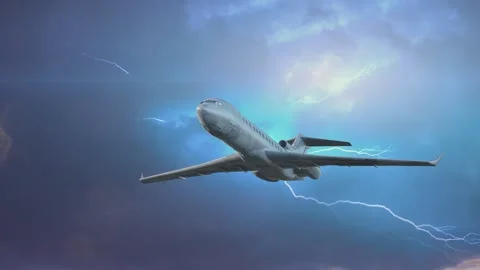 Airplane Flying Through Dark Storm Clouds with Lightning Stock Footage 345096055