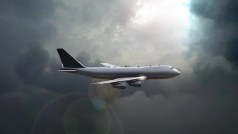 Airplane flying through moving clouds Ilustración de archivo