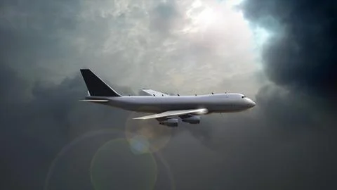 Airplane flying through moving clouds Ilustración de archivo