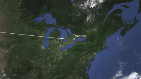 Airplane flying to Toronto, Canada on the map. 3D rendering Ilustración de archivo