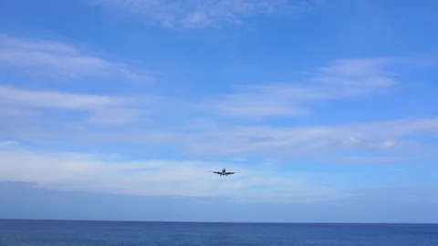 Airplane flying under blue sky Stock Footage 87027688