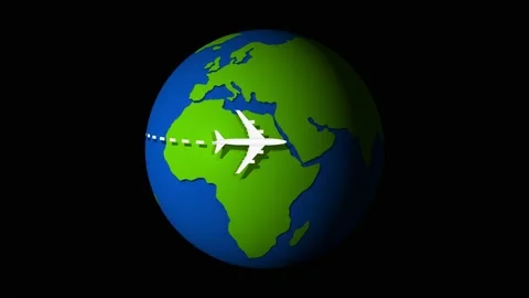 Airplane Flying on the World Map Earth planet rotation travel concept 4k video. Vídeo Stock 143940339