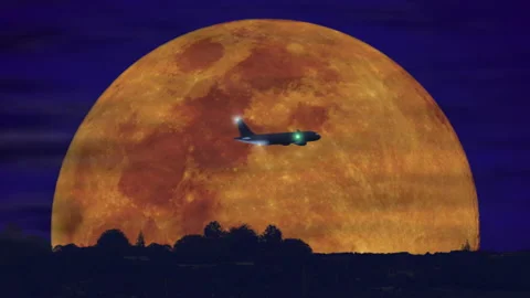 Airplane in front of moon light at night (4K) Stock Footage 222736871
