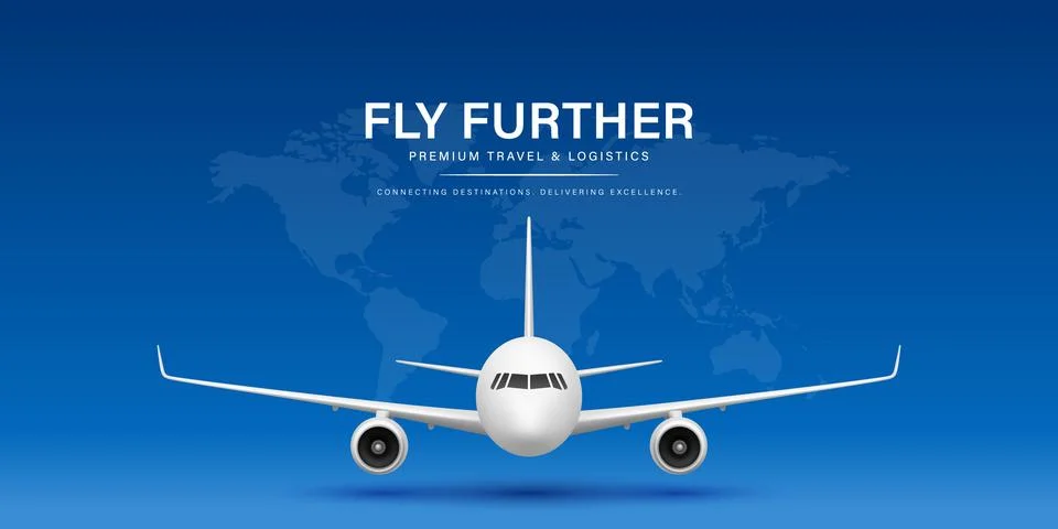 Airplane Front View. 3d Vector Flying Passenger Airplane on Blue Background.. Ilustração Stock
