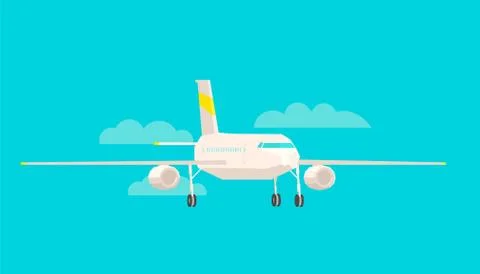 Airplane front view, on a blue background. Flat vector colorful illustration. Stock Illustration