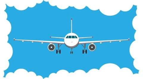 Airplane front view. Blue sky with clouds. Illustrazione stock