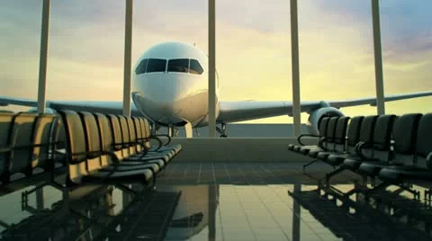 Airplane at gate seen through empty airport terminal at sunset Stockbeeldmateriaal 21742525