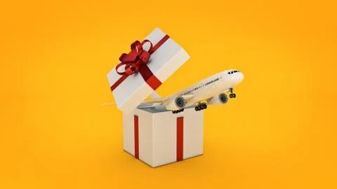 Airplane. Gift box concept. 3D rendering Stock Illustration