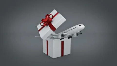 Airplane. Gift box concept. 3D rendering Stock Illustration