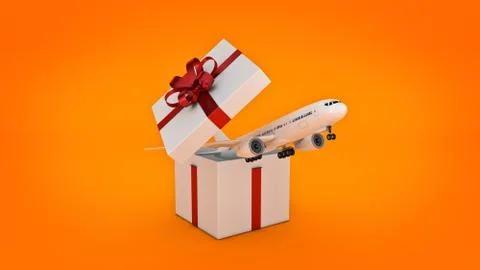 Airplane. Gift box concept. 3D rendering Stock Illustration