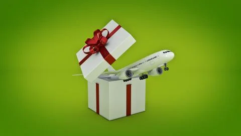 Airplane. Gift box concept. 3D rendering Stock Illustration