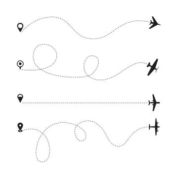Airplane icon flight path set with different wavy or straight trace routes Stock Illustration