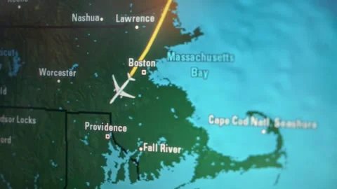 Airplane icon navigating flight path over Massachusetts map, showing Boston, 库存影片 329201753