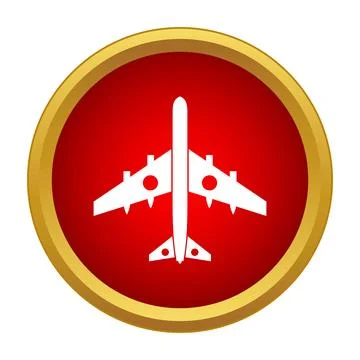 Airplane icon on red button with gold border Stock Illustration