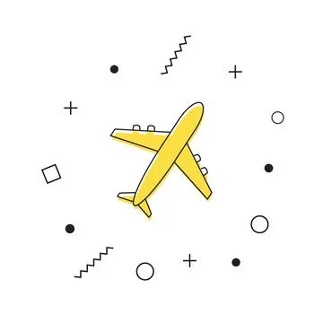 Airplane icon vector. Yellow plane icon with geometric shapes on white Stock Illustration