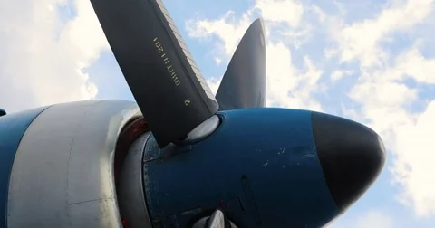 Airplane Ignition and Propeller. Jet Engine. Detail of jet engine. Stock Footage 77634140