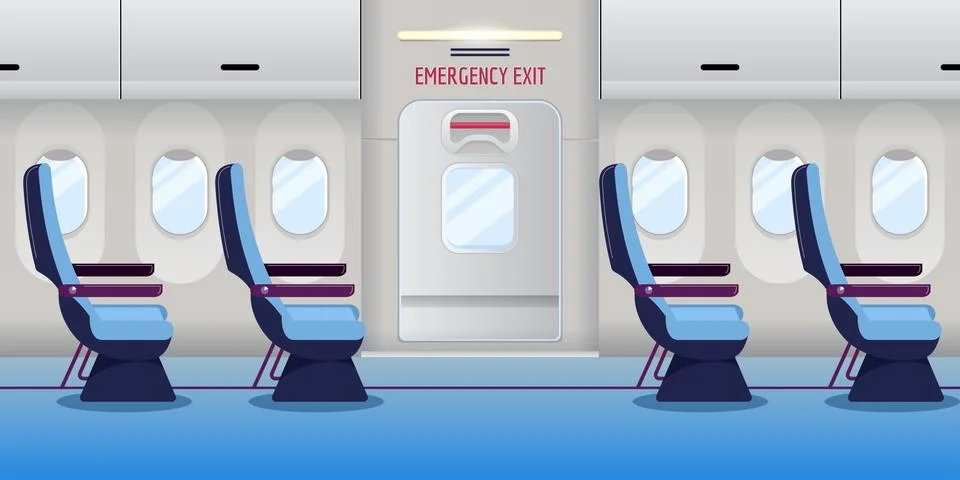 Airplane inside. Empty plane interior with emergency exit door. Vector illust Stock Illustration