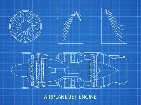 Airplane jet engine with turbine vector blueprint design Stock Illustration