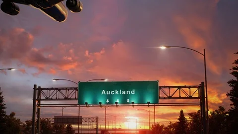 Airplane Landing Auckland during a wonderful sunrise Stock Footage 102068129