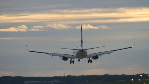 Airplane landing during sunset Stock Footage 76571842
