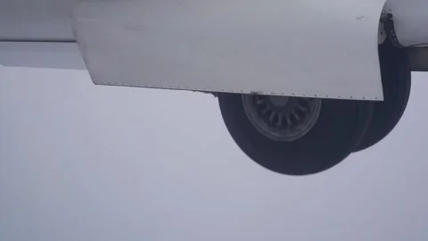 Airplane landing gear down deploy flying in dense fog zero visibility ILS Stock Footage 149472291