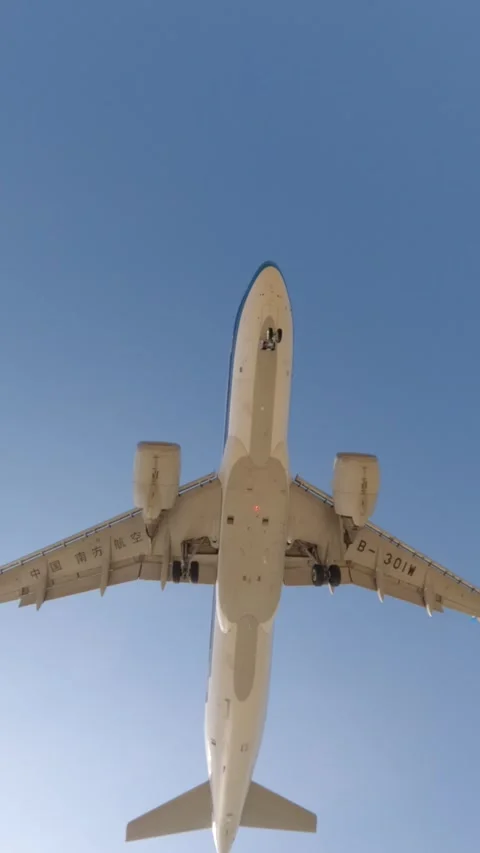 Airplane landing over the head, bottom view, Vertical Stock Footage 327472531