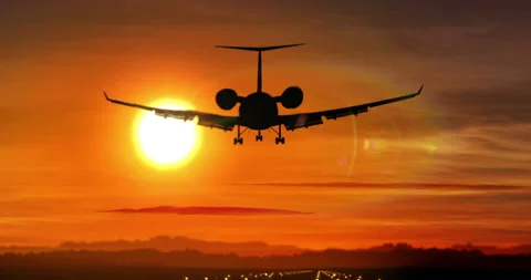 Airplane landing - private jet silhouette on sunset Stock Footage 90496833
