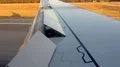 Airplane landing on runway using airbrakes, passenger looking through window HD Footage